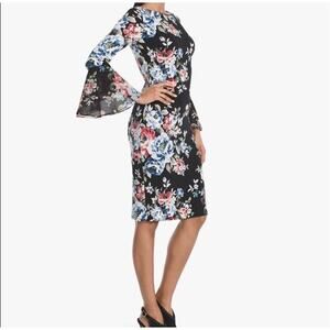 White House black market black floral flare sleeve knee length dress